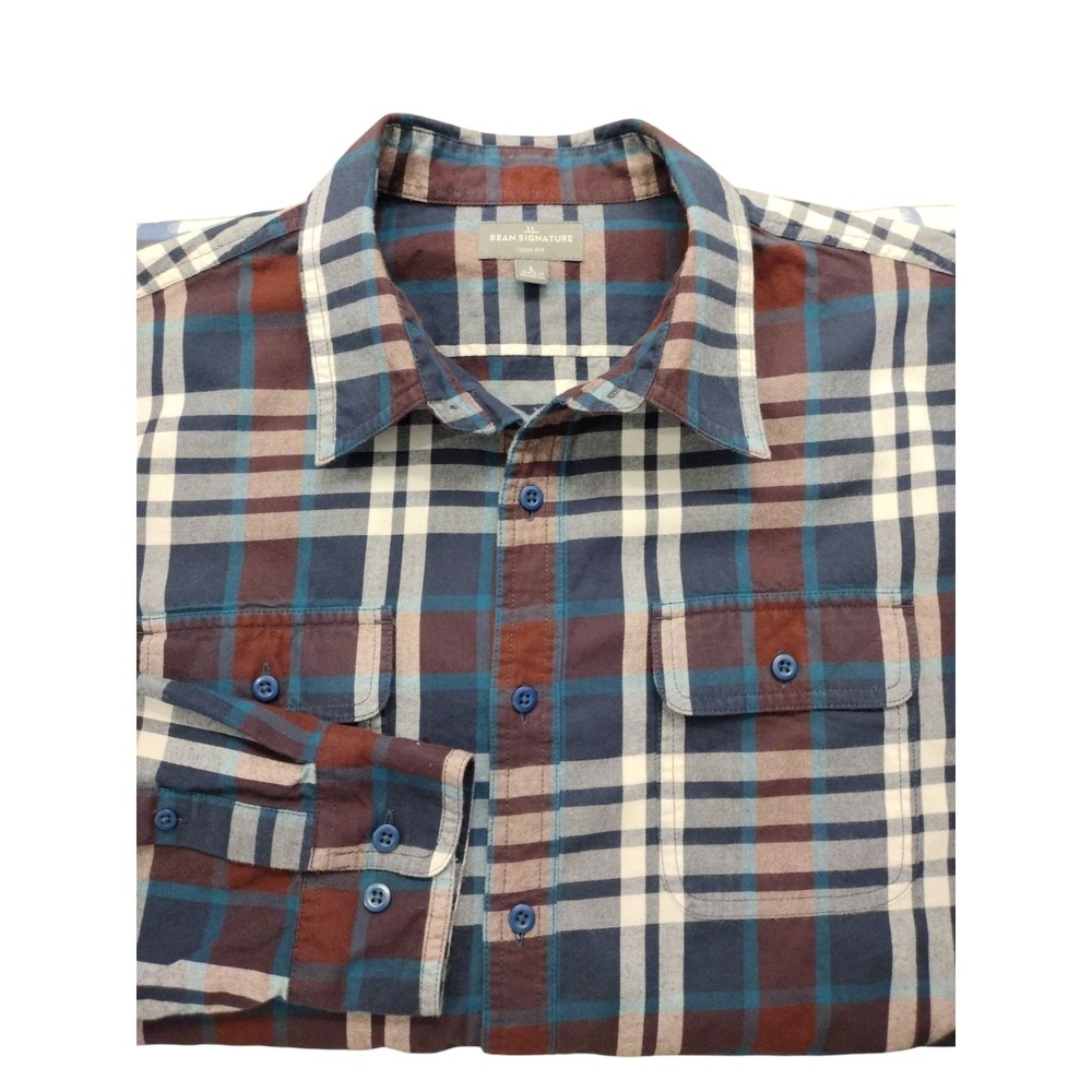 Bean Signature Long Sleeve Button Up Shirt Mens Large Navy White Rust Plaid